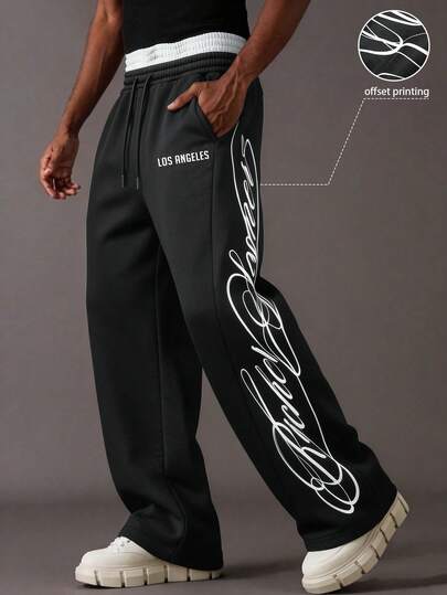 PAVTROS Pantalones de chándal casuales con cordón en la cintura y estampado de letras para hombre