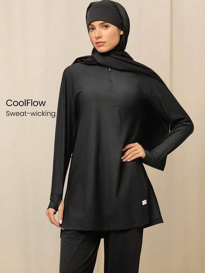 GLOWMODE Modest 1PC Cool Flow Cooling Quick-Dry Sun Protection Thumbholes Split Side Hem Quarter-Zip Oversized Pullover Sweatshirt Training Running Workout Gym Studio Daily Active Wear
