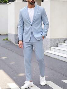 Manfinity Bizformal 男士翻領長袖夾克與長褲套裝，儀式、正式 - 淺藍色 - 查看 3