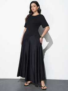 Maija Plus Size Spring/Summer Black Round Neck Short Sleeve Asymmetrical Cut Knit Spliced Flowy Hem Women's Dress Elegant Brunch Tea Party Formal - Black - View 7