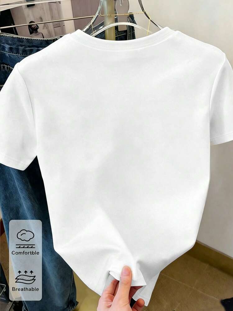 Spring And Summer Casual Fashion Creative Personality Fresh Minimalist Blue And White Bow Decor Pattern Print Basic White Short T-Shirt, Comfortable Daily Wear, Suitable For Spring, Summer And Autumn Girls - White - View 2