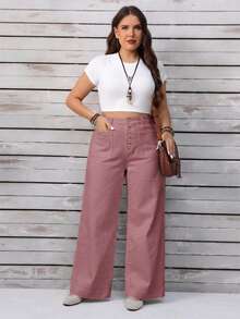 EMERY ROSE Plus Size Women Loose Button Front Wide Leg Casual Jeans - Dusty Pink - View 6