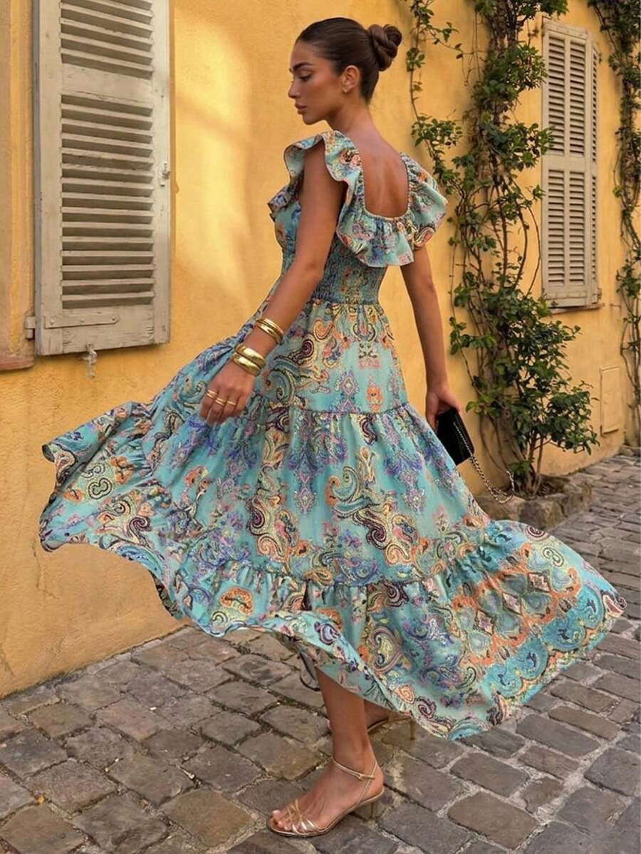 Flora Isola Flora Isola 女款露肩收腰洋裝,時尚腰果花印花,對比荷葉邊裙襬優雅洋裝,適合夏季度假、約會 - 彩色 - 查看 1
