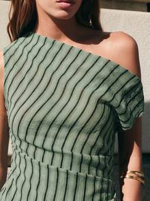 Nöista Fitted Top In Diagonal Green And Black Stripes, Asymmetrical Neckline Showing One Shoulder With A T Of Gathering On The Sides.Spring Festival, Summer - Multicolor - View 10