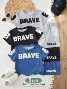 Cozy Pixies Bộ 3 món cho bé trai, áo thun cổ tròn tay ngắn và quần short in họa tiết, thoải mái, màu xanh dương/xám/đen, giá trị tốt, thích hợp cho hoạt động ngoài trời, phong cách đường phố, tiệc tùng. - Nhiều màu - Xem 3