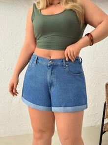 SHEIN Cottnline شورت جينز قصير للنساء مقاس كبير، قصة منحنية، لون أزرق جينز، كاجوال قابل للطي - أزرق داكن - مشاهدة 4