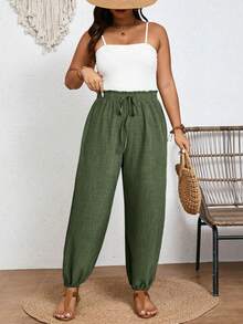 SHEIN Frenchy Summer Vacation Women's Tropical Print Knot Front High Waisted Long Pants - Green - View 3