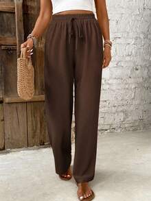 SHEIN Frenchy Women's Summer Solid Color Drawstring Waist Straight Leg Pants - Brown - View 5