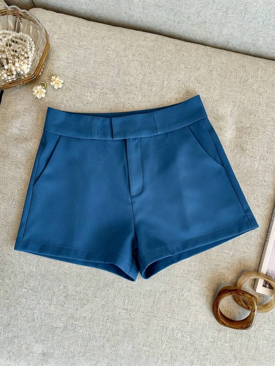 Franclia Women's Solid Color Casual Pocket Shorts - Blue - View 1