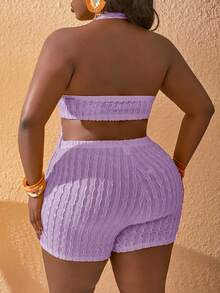 Slaydiva Plus Size Women's Halter Neck Sexy Camisole And Tight Shorts 2-Piece Set Suitable For Vacation Beach Light Purple Summer - Purple - View 2