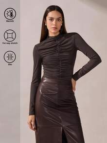 BizChic Women's Solid Color Stand Collar Long Sleeve Pleated Casual Elegant Commuter T-Shirt, Basic Top, Outdoor Top, Office Business Casual Outfit, Autumn - Brown - View 2