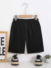 SHEIN 男童夏季纯色弹力腰带短裤 - 黑色 - 查看 2