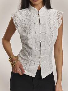 SHEIN BAE Women's Elegant 70s Retro Sexy Sheer Floral Lace Cheongsam Style Top, Suitable For Party, Banquet, Luxury, Date, Casual, Outing, 2026 Fashion White - White - View 1