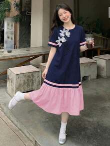 Teen Girl Floral Decor Contrast Color Ruffle Hem Short Sleeve Dress - Multicolor - View 4