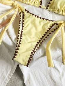 Swim Mod Bộ bikini mùa hè dành cho nữ, phối màu tương phản, hở lưng, buộc dây phía trước, thiết kế buộc dây bên hông, thích hợp cho kỳ nghỉ biển. - Nhiều màu - Xem 5