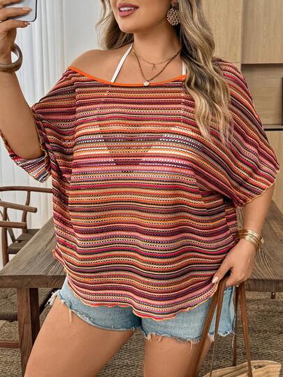 SHEIN CURVE+ Plus Size Women's Bohemian Color Striped Irregular Off Shoulder Short Sleeved T-Shirt, Summer Beach Cover Top, Summer Beach Top