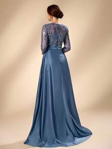 Serin Elegant Formal Blue Satin Floral Sequin Square Neck Tulle Long Sleeve Mermaid Gown With Train Bridal Mother Wedding Evening Party Guest Dress Spring - Dusty Blue - View 6