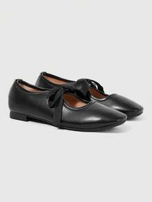ROMWE Kawaii Brown Loafers Closed Toe Mary Jane Leather Shoes, Bow Lolita Ballet Flats For Women - Black + strap - View 2