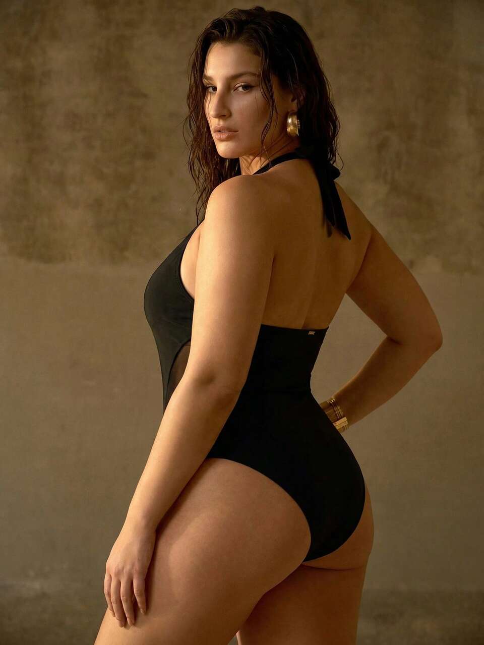 ELEGANT MINIMALIST MESH SPLICE HALTER PLUS SIZE WOMEN ONE-PIECE SWIMSUIT FOR BEACH VACATION