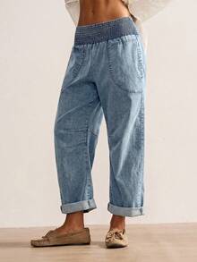 Bohemela Plus Size Women Casual Solid Color Drawstring Waist Pants - Blue - View 1