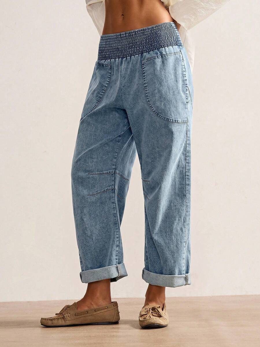 Bohemela Plus Size Women Casual Solid Color Drawstring Waist Pants - Blue - View 1