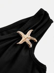 SHEIN 少女休闲度假街头风不对称黑色肩部设计金属星星装饰针织褶皱短款T恤和配套直筒裤套装，返校穿搭，黑色套装，时尚街头风，BM Vibe - 黑色 - 查看 7