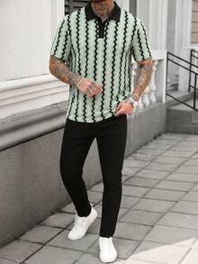 Manfinity CasualCool 男士撞色 Polo 衫，复古几何提花休闲上衣 - 薄荷綠 - 查看 4