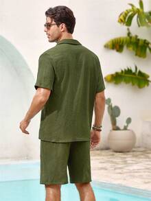Mercer Haus Set Kemeja Pria Warna Hijau Army Polos Lengan Pendek Bahan Polyester, Model Dasar, Kancing, Kancing Depan, Saku, Musim Panas, Set Serasi, Ringan, Bernapas, Hadiah untuk Ayah/Suami - Hijau Tentara - View 2