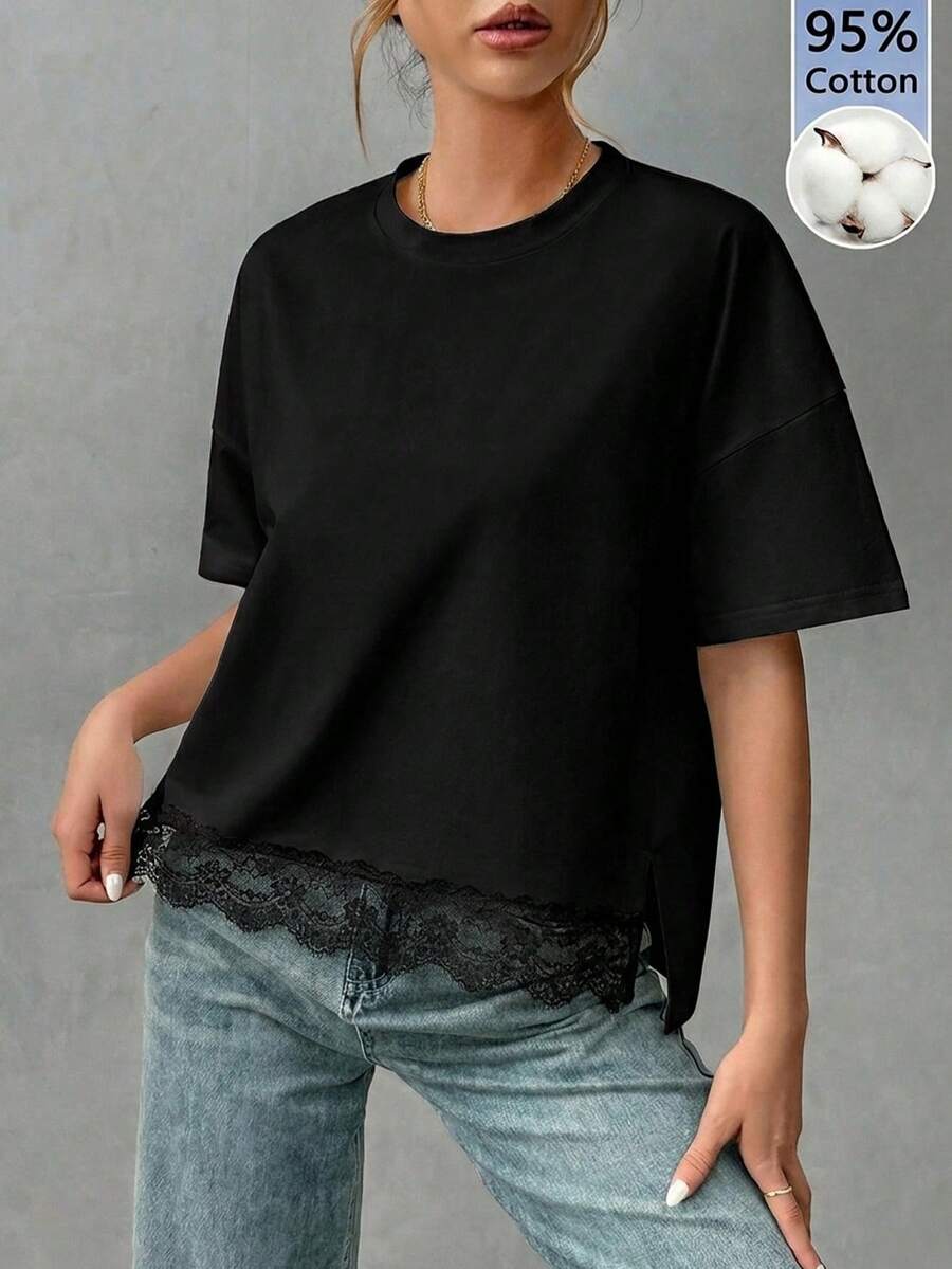 SHEIN Essnce Women's Fashion Versatile Lace Patchwork Round Neck Short Sleeve T-Shirt - Black - View 1