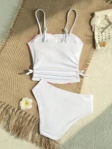 SHEIN 2pcs/Set Teen Girl Spaghetti Strap Ruched Floral Print Swimwear With Swim Shorts, Suitable For Beach Vacation - Pink - View 6