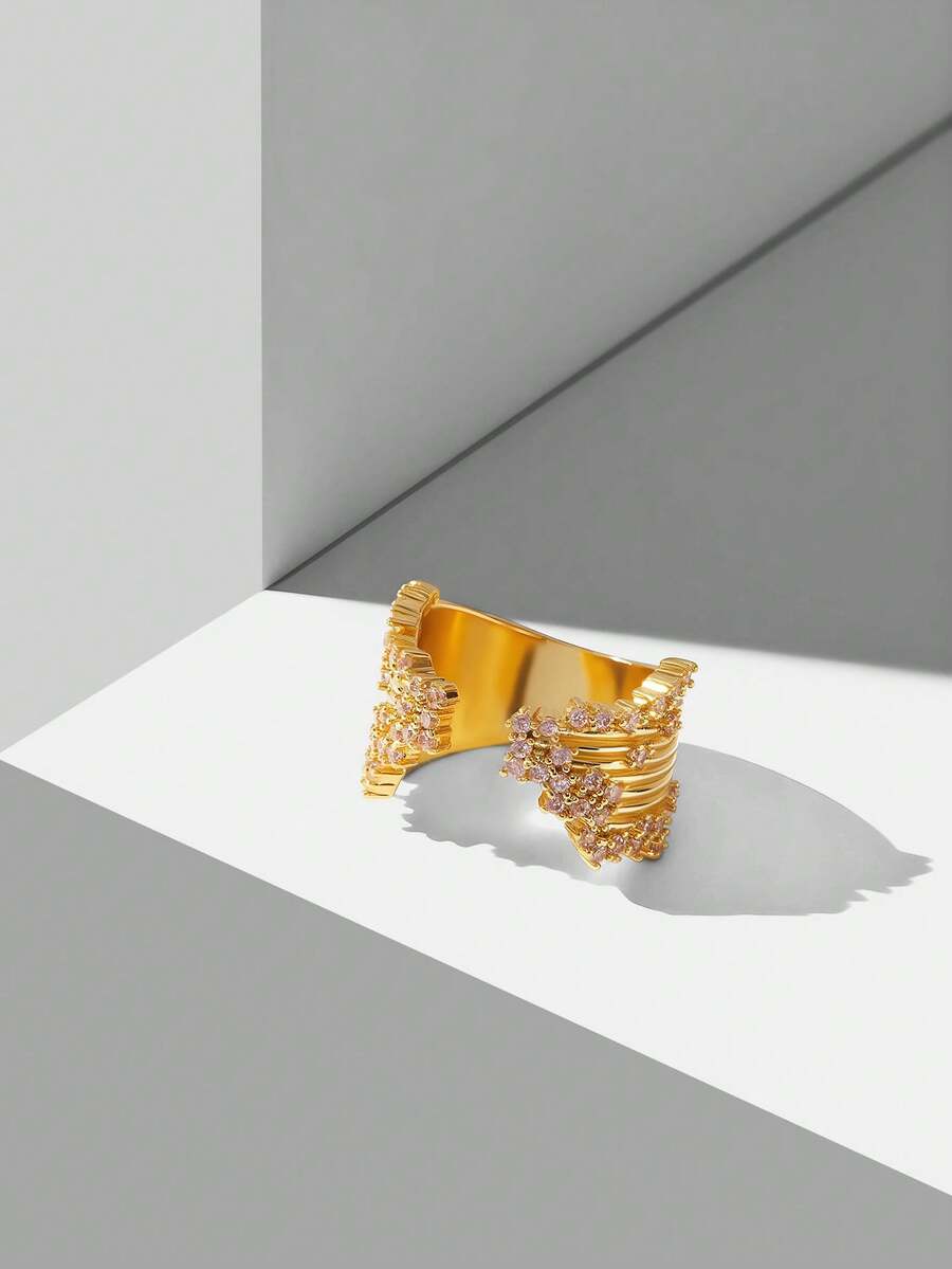 MOTF PREMIUM Nhẫn hở mạ vàng 18K đính đá Zirconia hồng vân nhám - Màu Hồng baby - Xem 2