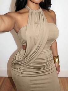 Slaydiva Vestido de mujer talla grande de unicolor con cintura fruncida y escote halter con abertura - Caqui - Ver 7