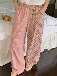 Dazy Plus 大码女式波点印花拼接宽松长款休闲家居裤，适合春、夏、秋季穿着，粉色睡裤 - 粉色 - 查看 7