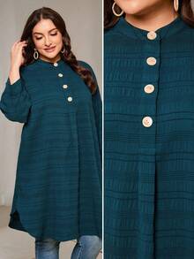 Solavon Plus Size Striped Texture Loose Long Shirt - Green - View 3