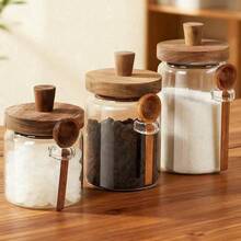 3pcs Glass Coffee Canister Set, Glass Food Storage Jars With Wooden Lids And Spoons, 400ml/600ml/900ml For Food, Nuts, Candy, Spices Airtight Containers (Random Wood Color For Lids And Spoons) - Multicolor - View 10