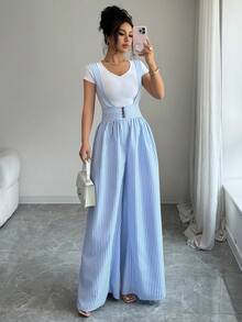 Elenzga Bestselling Blue & White Striped Suspender Waist Resin Buckle Decor Wide Leg Loose Women Casual Vacation Commute Elegant Jumpsuit - Blue and White - View 5