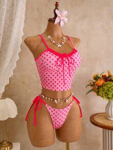 Bellisia Bộ bikini nữ mùa xuân/hè in kỹ thuật số, không gọng, viền hoa, gồm áo hai dây và quần bơi buộc dây bên hông, thích hợp cho đi biển, nghỉ mát, phong cách thường ngày. - Màu Hồng  Dưa hấu - Xem 4