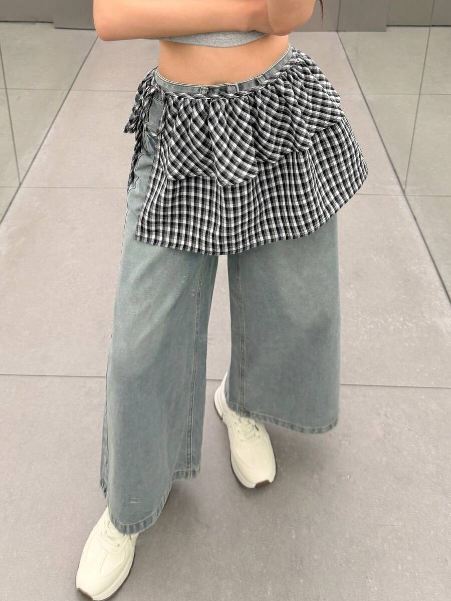 K-Vae Plaid Patchwork Flared Skirt | Sweet And Cool Layered Style, Versatile Piece With 3D Pleats - Black and White - View 1