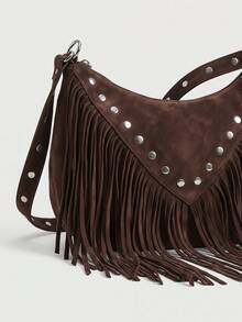 MUSERA Studded Fringed Tassle Faux Leather Handbag For Going Out Daily Spring Holiday Accessory,Rivets, Retro, Vintage, Bohemian Style, Fashionable, Personalized, Simple, Versatile, Street, For Daily, Music Festival - Coffee - View 3