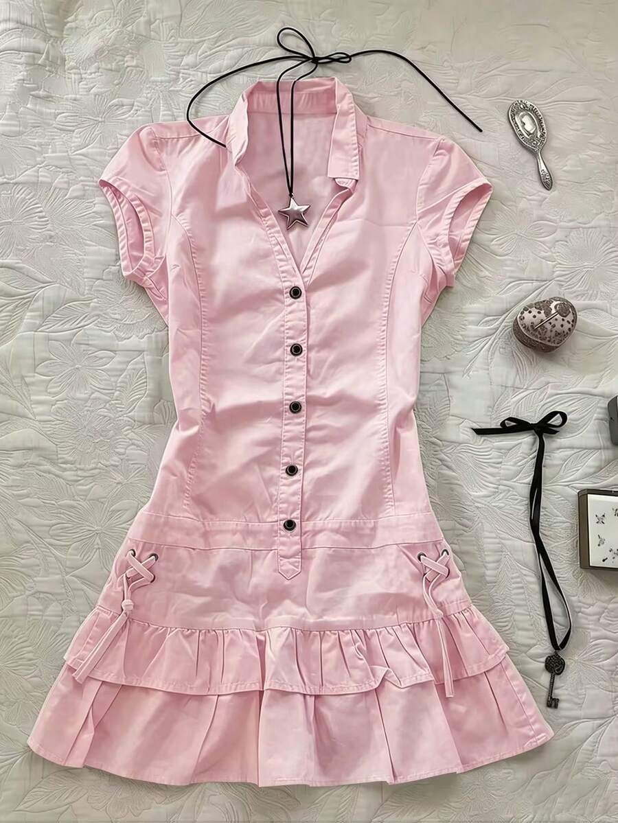 IslaSuriya 女款休閒 Y2K 可愛純色迷你洋裝 夏季小學教師淺粉色 - 粉色 - 查看 1