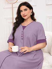 Al Najma Plus Size Women V-Neck Contrast Color Elegant Arabic Style Dress - Purple - View 3
