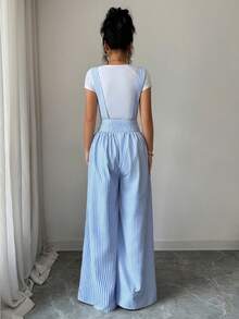 Elenzga Bestselling Blue & White Striped Suspender Waist Resin Buckle Decor Wide Leg Loose Women Casual Vacation Commute Elegant Jumpsuit - Blue and White - View 2