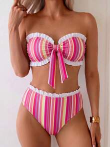 Swim Mod Conjunto de 2 piezas con top a rayas con cuello fruncido y bajo con volantes, y pantalones con cintura con volantes para vacaciones de primavera/verano en la playa - Multicolor - Ver 3
