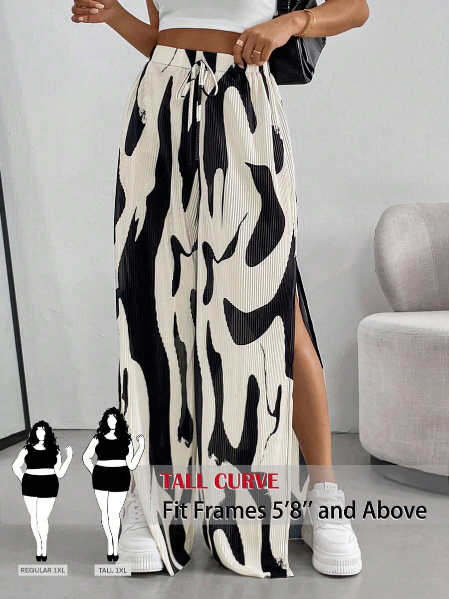 SHEIN Tall CURVE 大尺碼女款印花綁腰側開衩寬腿長褲 - 黑與白 - 查看 1
