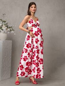SHEIN 印花细肩带露背蝴蝶结孕妇连衣裙，夏季度假风 - 紅色 - 查看 4