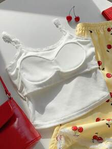 Comfortcana 两件套女士休闲蕾丝边吊带背心和樱桃印花长裤套装，返校/度假装 - 黃色 - 查看 8