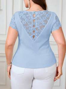 SHEIN Clasi Plus Size Women Elegant Solid Color Lace Patchwork T-Shirt Dates Formal Baby Blue Summer - Baby Blue - View 2