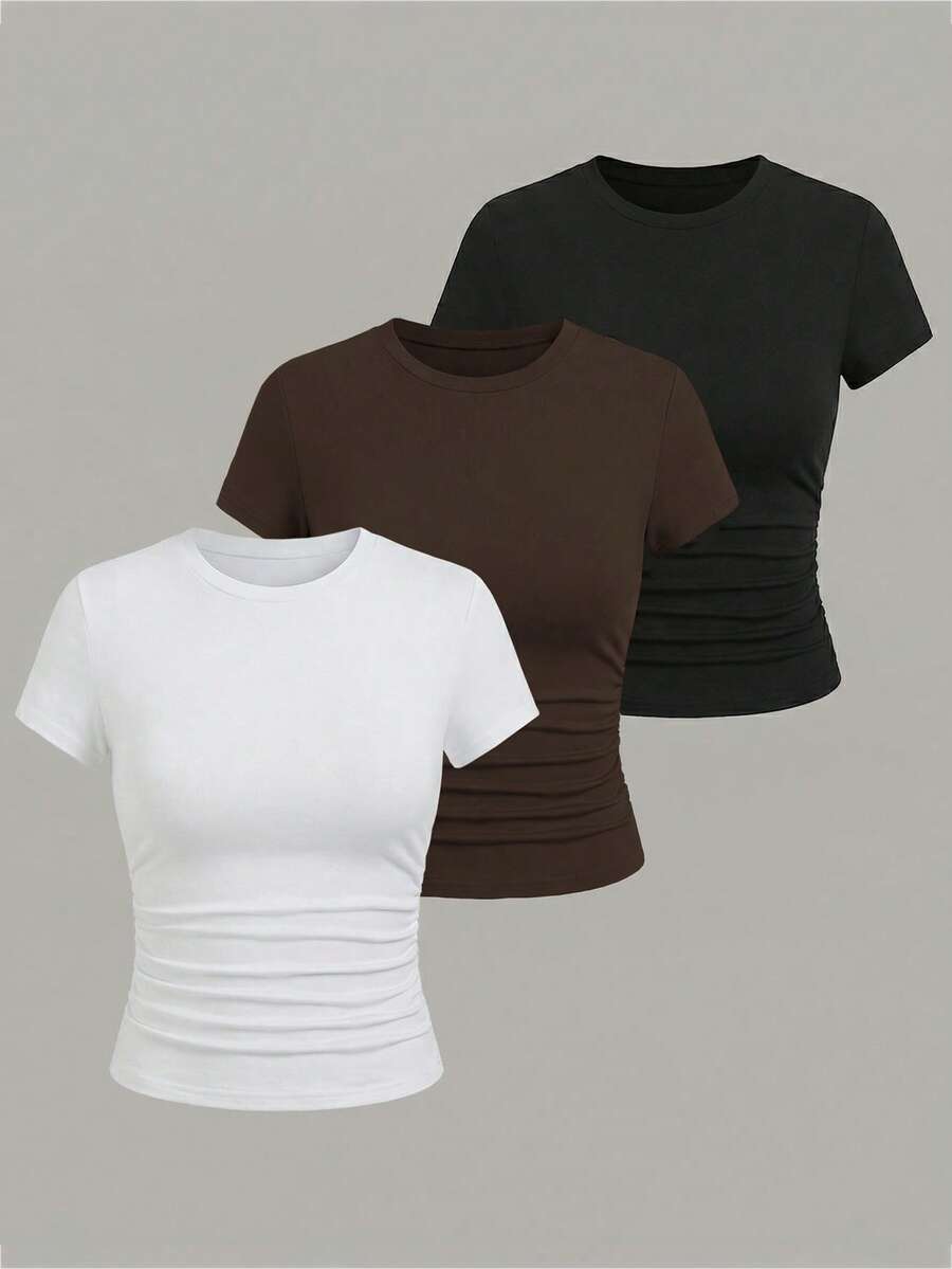 EMERY ROSE 3 st damer casual vardags pendling minimalistiska enfärgade rynkade t-shirts med kort ärm - Multifärgad - Visa 1