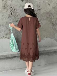 Hapijoa Tween Girls Round Neck Knit Contrast Mesh Dress, Summer Vacation - Brown - View 2