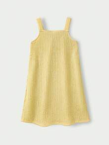 SHEIN Casuvi Kids Casuvi 青少女女童休閒針織提花紋理吊帶洋裝，寬鬆A字版型搭配3D花卉裝飾，舒適適合春夏日常穿著 - 黃色 - 查看 7